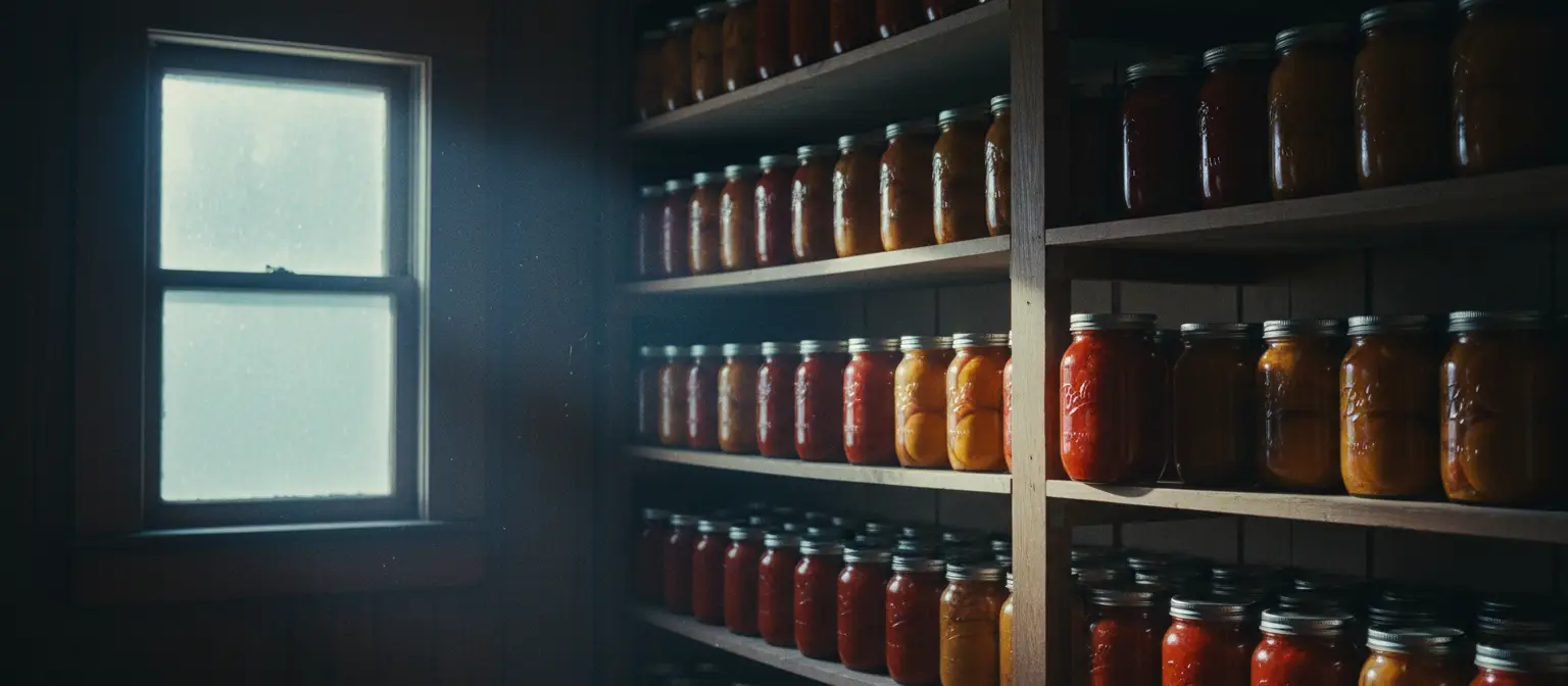 A dim winter pantry lined with home-canned jars, one pulled forward into the light