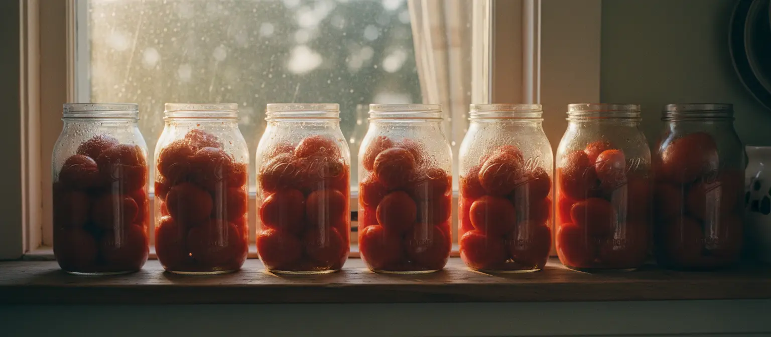 Quart jars of tomatoes glowing in low evening sun on a windowsill