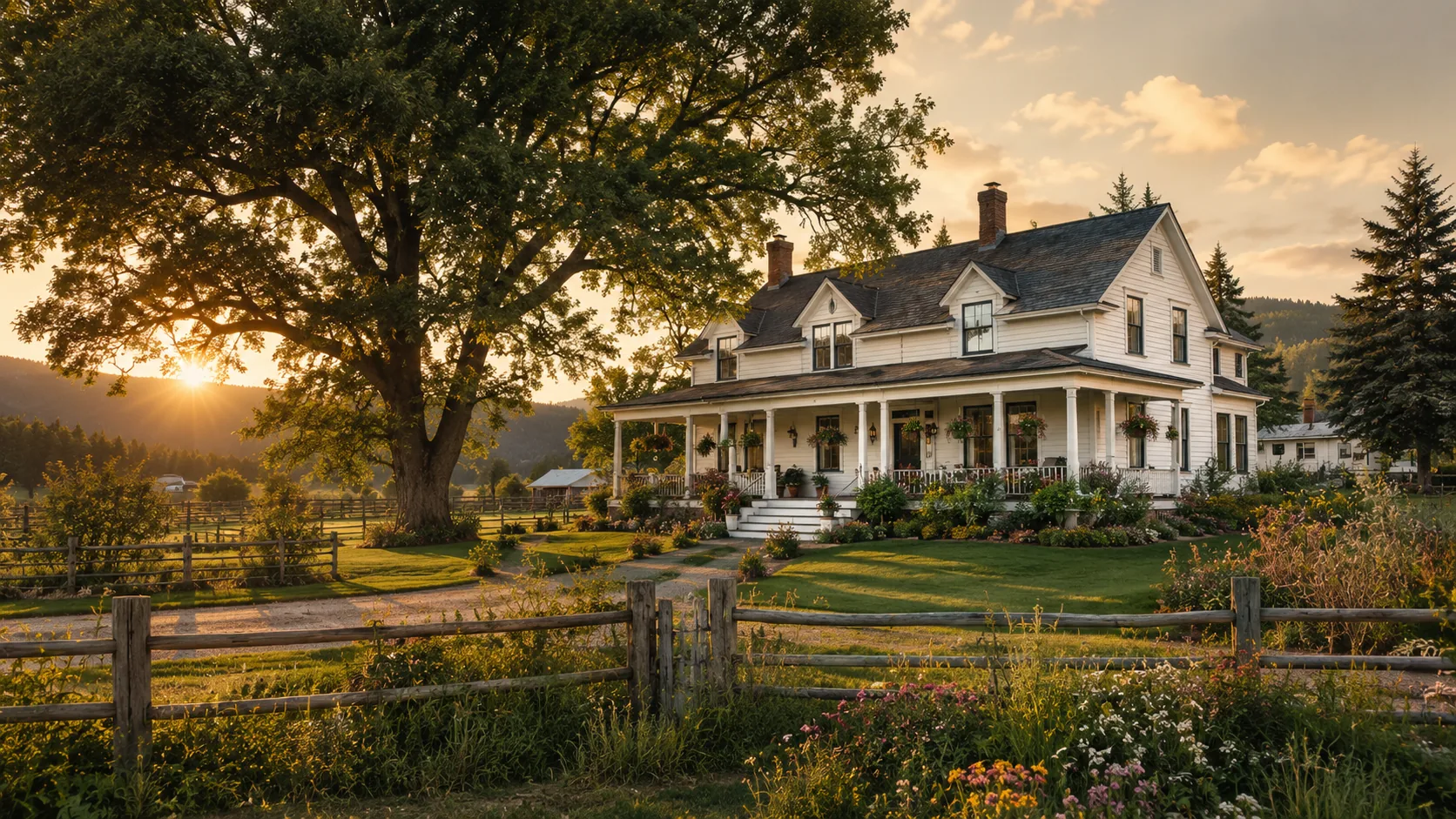 The white farmhouse with its wraparound porch under a great oak at golden hour