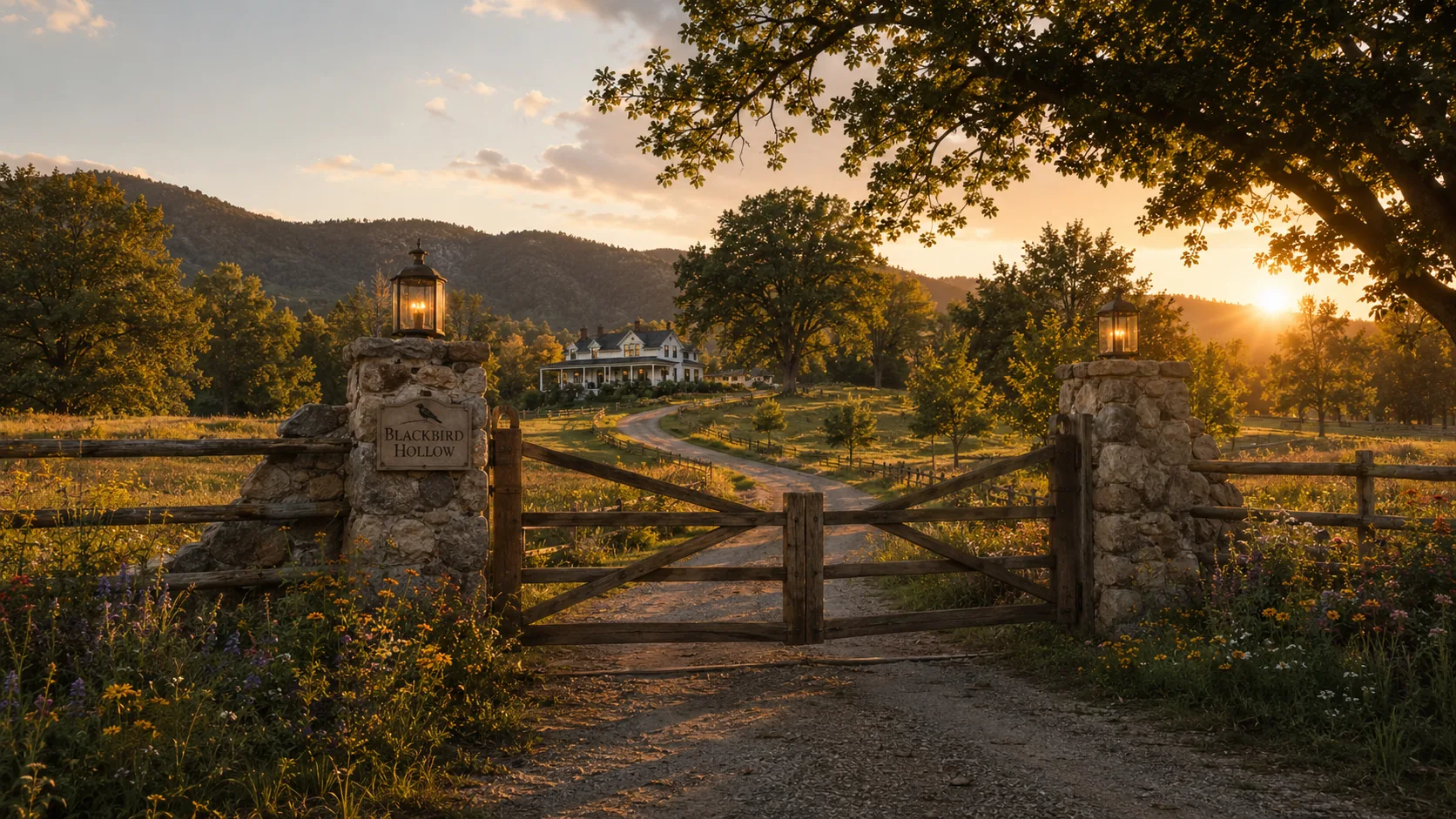 The stone-and-timber entrance gate to Blackbird Hollow at sunset, the farmhouse in the distance