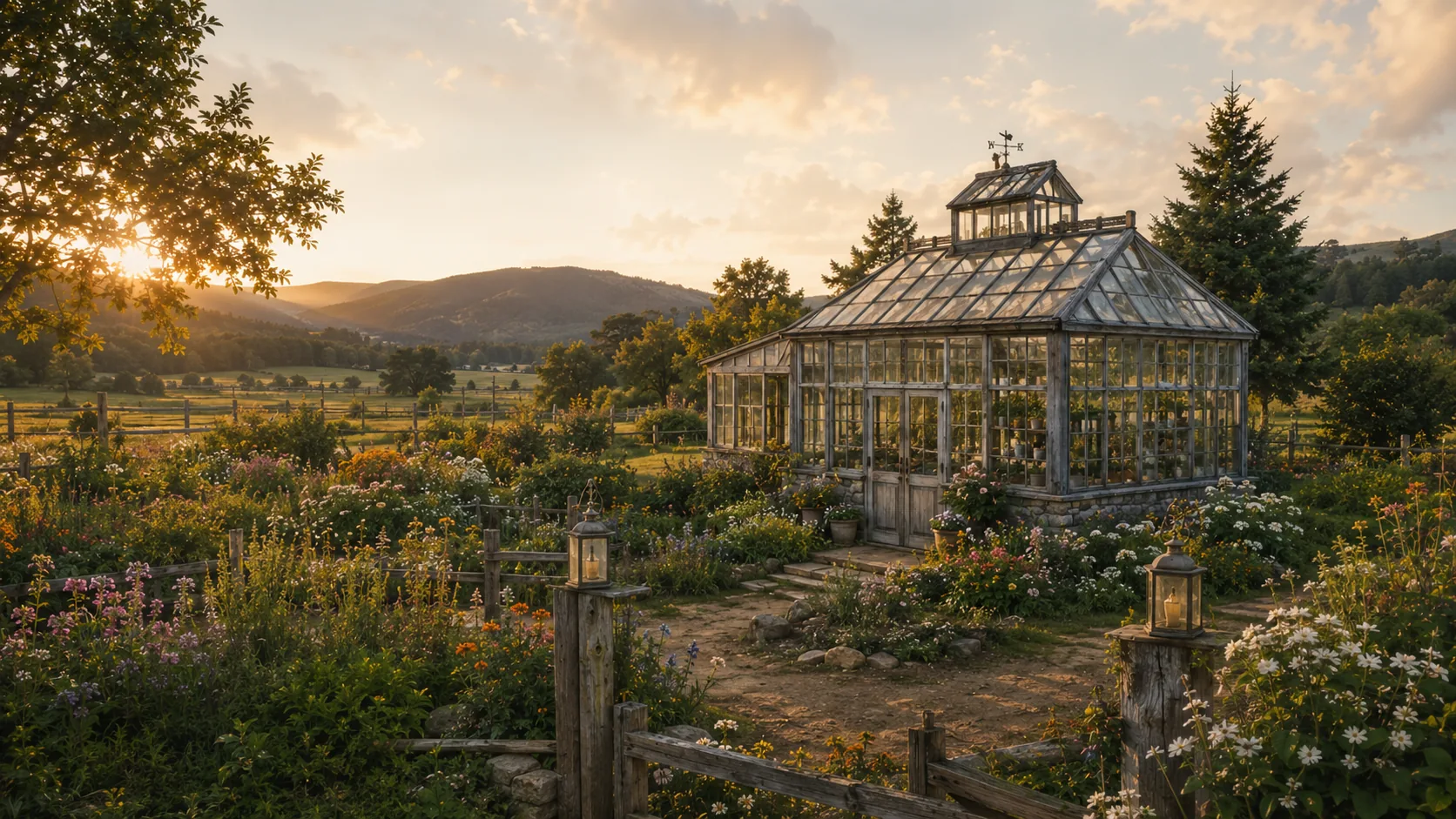 A weathered glass greenhouse with a weathervane, surrounded by a cutting garden in bloom