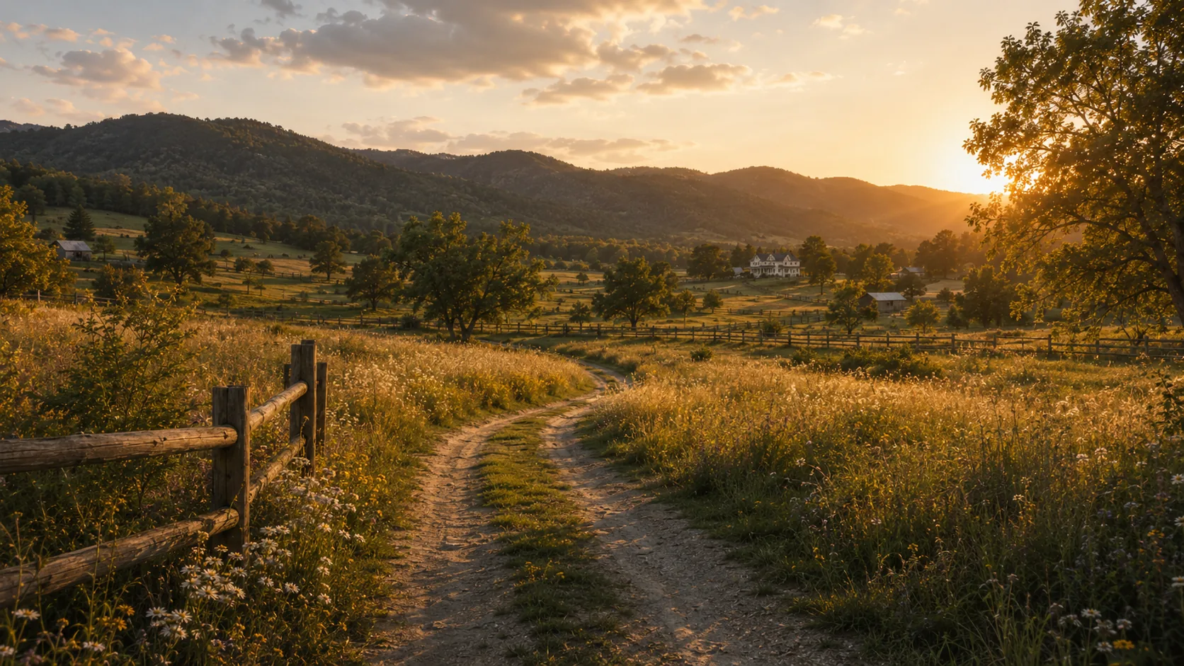 A winding gravel lane through a wildflower meadow at sunset, the farmhouse and foothills beyond