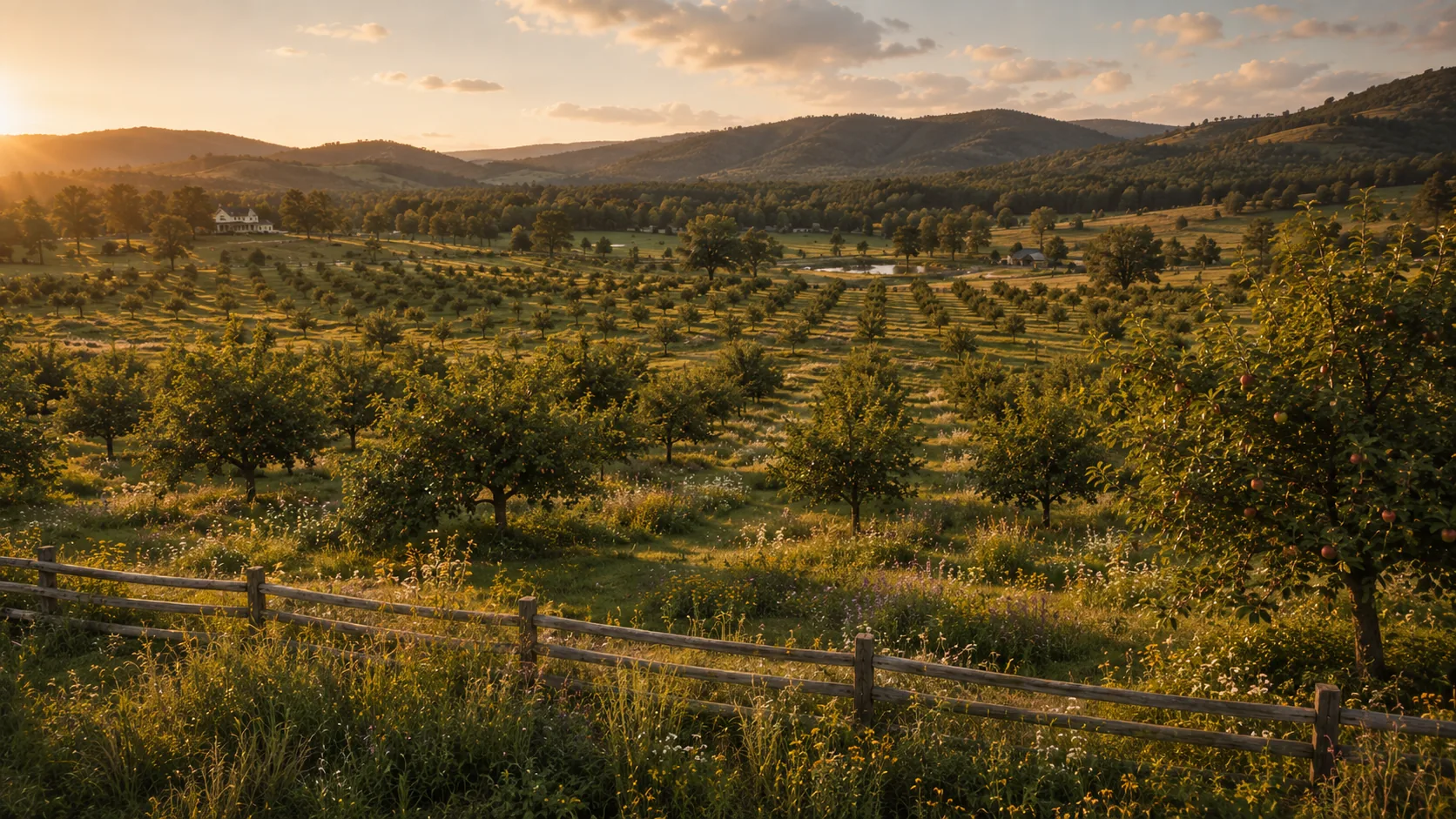 Rows of apple trees in the orchard at golden hour, the farmhouse and foothills in the distance
