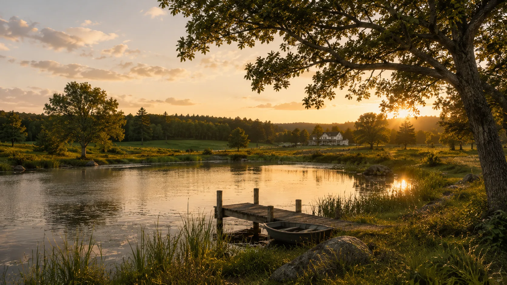 The pond at sunset with a wooden dock and a small rowboat, the farmhouse across the meadow