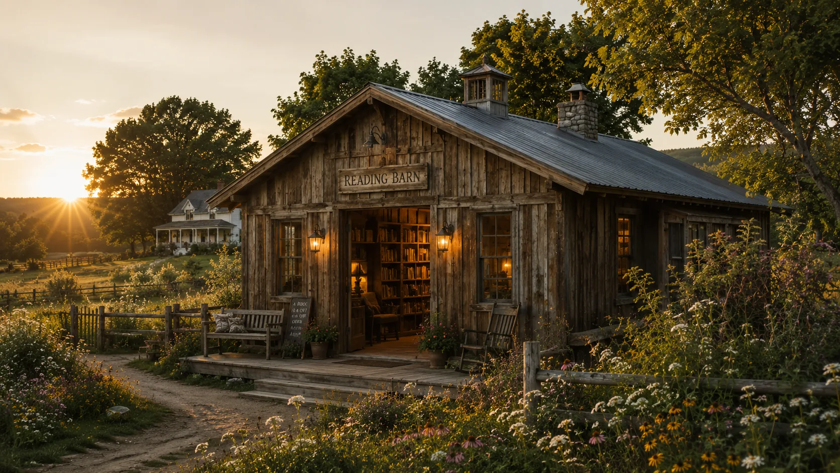 A small rustic barn lit warm from within, its sign reading Reading Barn, wildflowers all around