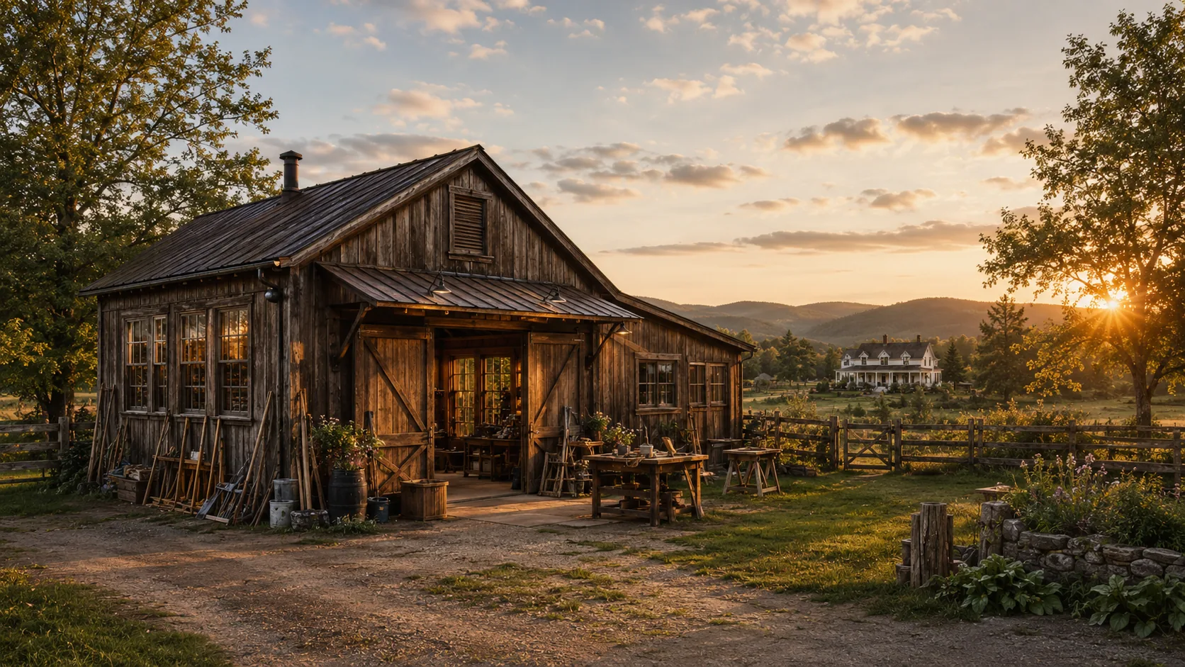 A weathered timber workshop with tools and a workbench, warm light spilling from the open doors