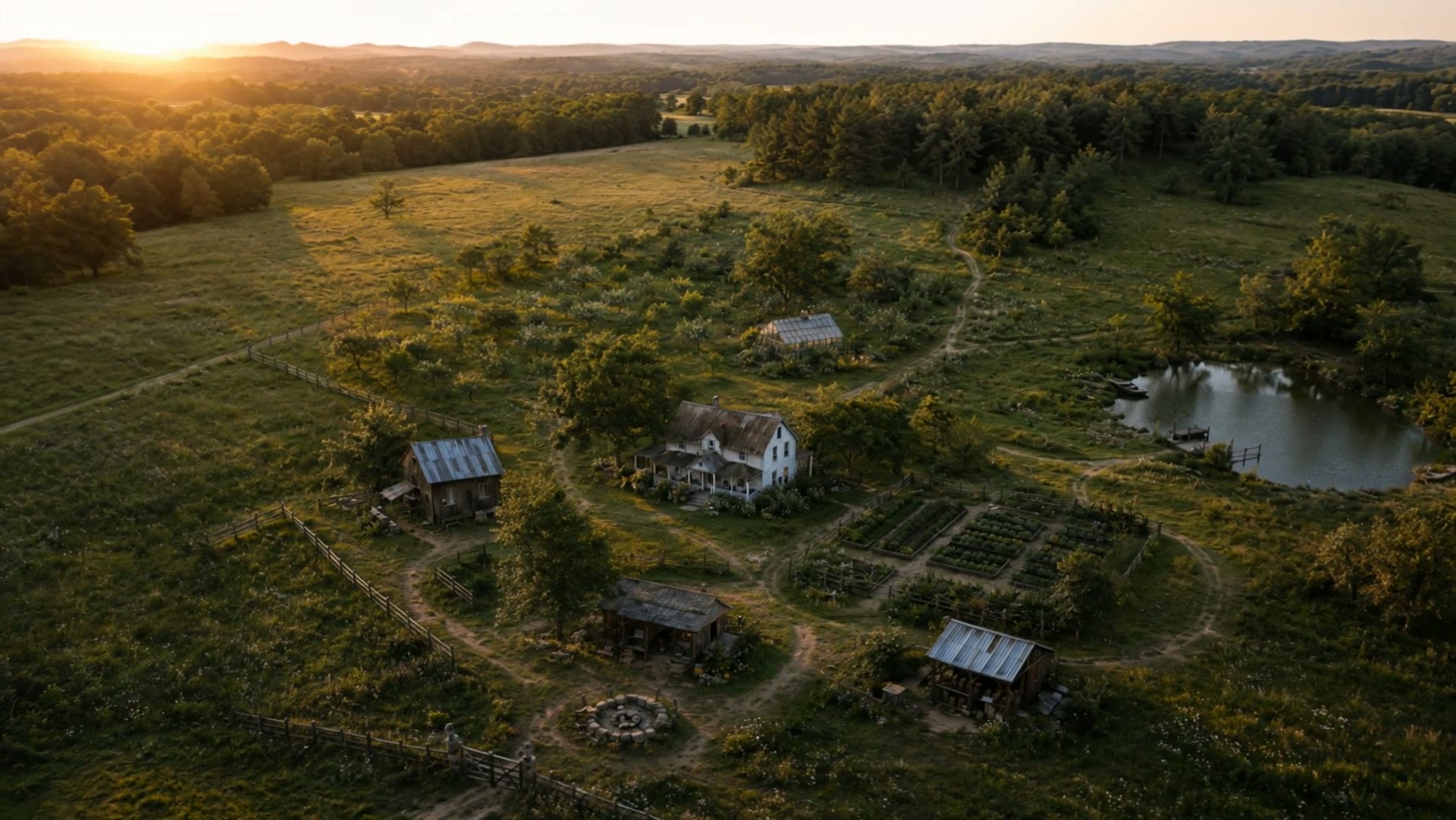 Blackbird Hollow from above at golden hour — the farmhouse, cabins, garden rows, and pond