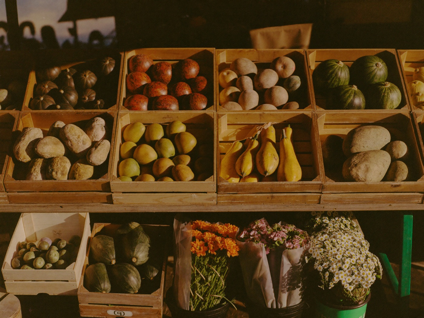Crates of late-summer squash, potatoes and cut flowers on a market table in low sun